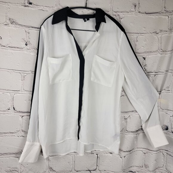 Amanda Green‎ Womens L Black White Long Sleeve Blouse Button Down Dressy Office - Picture 1 of 7